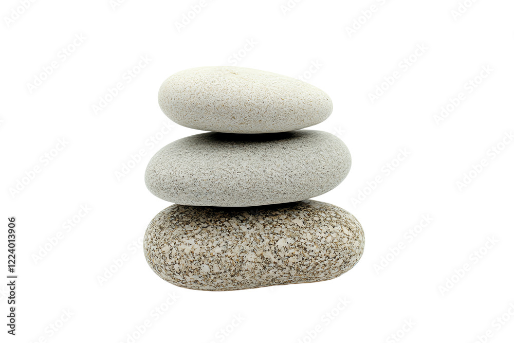 Three smooth stones stacked harmoniously on top of each other, showcasing natural textures and colors, isolated on a white background. Three smooth stones stacked harmoniously on top of each other, showcasing natural textures and colors, isolated on a white background.