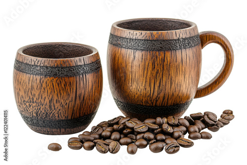 Two beautifully crafted wooden coffee mugs with coffee beans scattered around, perfect for showcasing rustic beverage aesthetics. photo