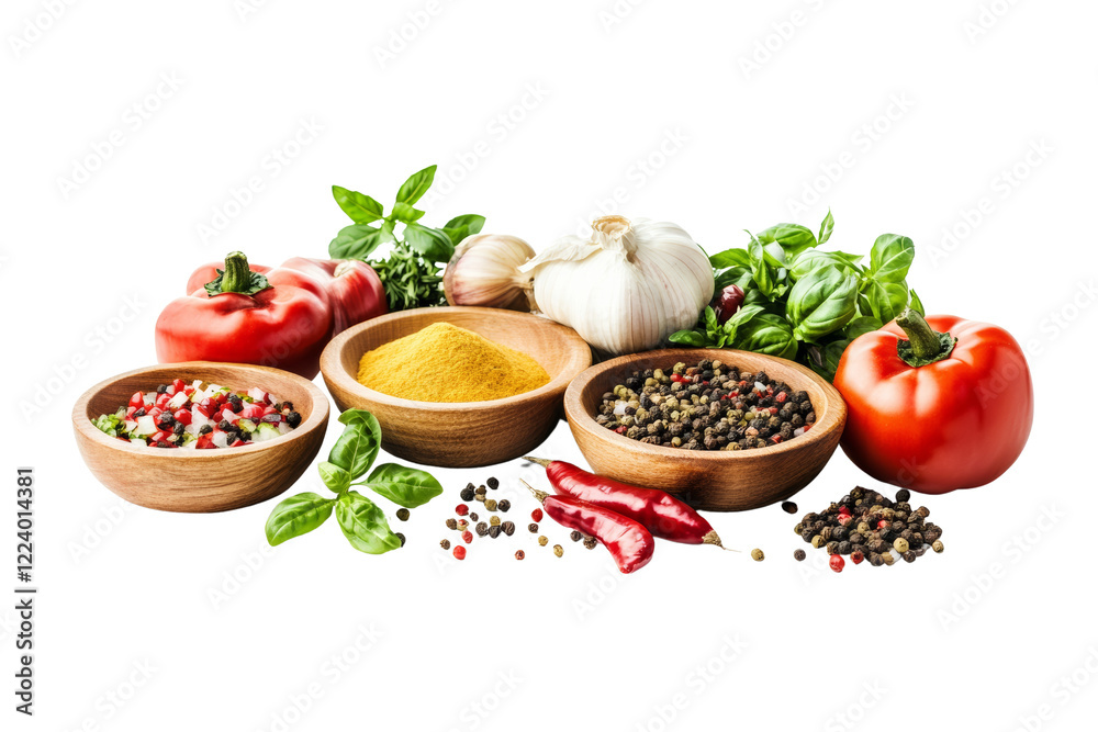 Various fresh vegetables and spices arranged in bowls, showcasing vibrant colors and textures on a white background. Various fresh vegetables and spices arranged in bowls, showcasing vibrant colors and textures on a white background.
