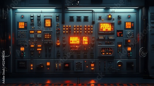 Fototapeta Naklejka Na Ścianę i Meble -  Futuristic Control Panel Interface Sci Fi Technology Wall with Illuminated Buttons Screens and Dials