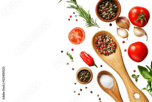 Vibrant assortment of fresh ingredients including tomatoes, herbs, spices, and salt arranged with wooden utensils on a white isolated background.