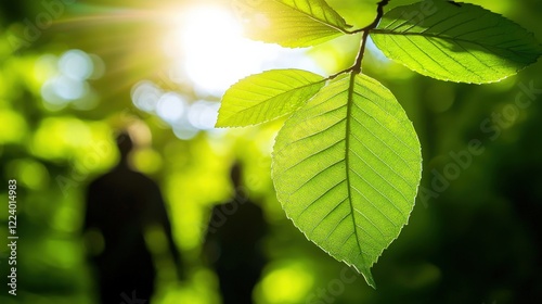 Sunlit Leaves with Silhouetted Couple Walking Together in a Lush Green Forest Setting