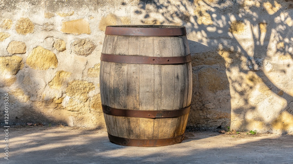 Rustic wooden barrel against a stone wall in warm sunlight setting Rustic wooden barrel against a stone wall in warm sunlight setting