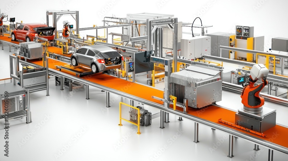 Automated car assembly line, factory robots, production, manufacturing, white background, industrial automation Automated car assembly line, factory robots, production, manufacturing, white background, industrial automation
