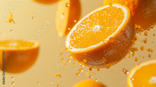 Fresh orange slices bursting with juice in dynamic motion against a golden background photo