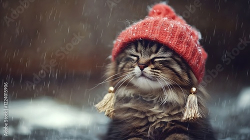 A fluffy adorable cat wearing a tiny red hat with gold tassels sitting cozily and looking content despite the snowy rainy storm happening outside  The cat appears to be a domestic feline pet