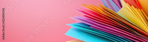 Geometry grid artistry concept. Colorful sheets of paper arranged artistically on a soft pink background create a vibrant visual display.