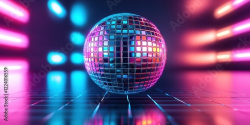 Geometry grid artistry concept. A vibrant disco ball reflects colorful lights in a modern, dynamic setting, evoking a festive atmosphere.