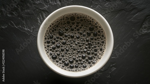 Bubbly dark coffee in bowl on slate background photo