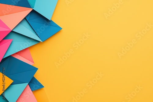 Geometry grid artistry concept. Colorful paper shapes against a vibrant yellow background, creating a cheerful and modern design.