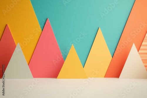 Geometry grid artistry concept. Colorful paper triangles create a vibrant mountain range against a bright backdrop.