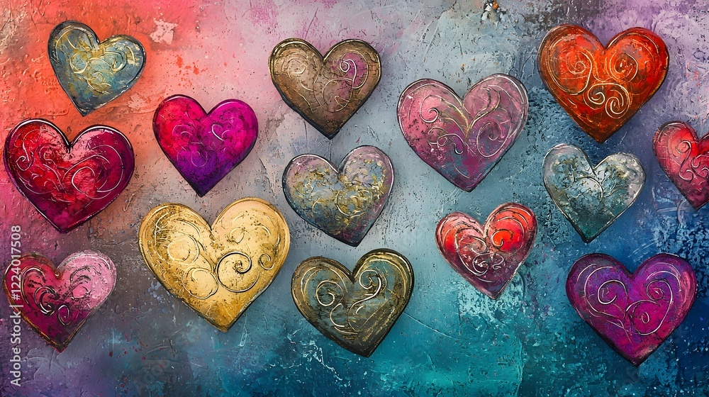 Fototapeta premium An abstract and assortment of hearts with unique details including swirling patterns vibrant watercolor designs and a gradient background creating a romantic and emotional visual composition