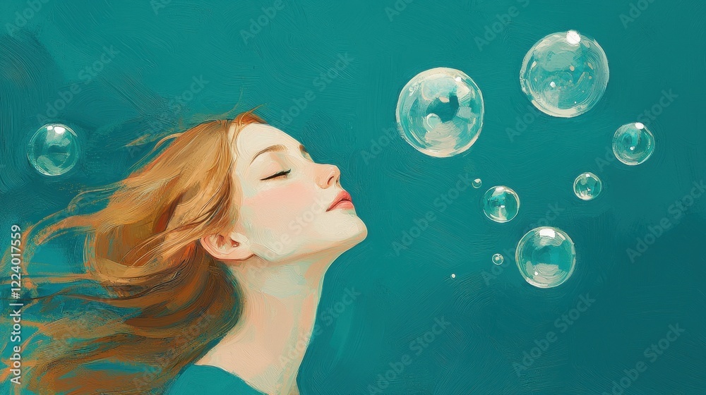 Young Woman Blowing Bubbles in a Teal Ocean Dreamscape Young Woman Blowing Bubbles in a Teal Ocean Dreamscape