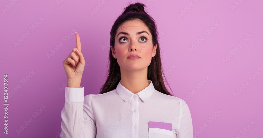 Young Woman Contemplating an Idea Against a Vibrant Purple Background
