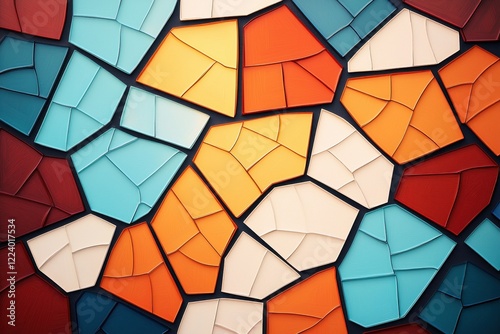 Geometry grid artistry concept. Colorful mosaic tiles arranged in an abstract pattern, showcasing vibrant hues of blue, orange, red, and cream.