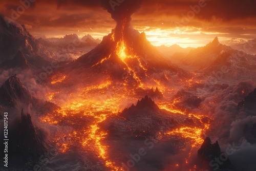 Captivating Wide-Angle View of Volcanic Eruption with Ash and Lava Spewing Out Dramatically photo