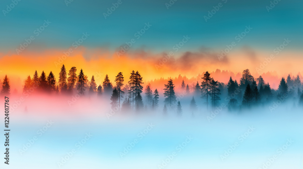Obraz premium Silhouettes of tall pine trees in a foggy forest at sunrise, with vibrant orange, pink, and blue hues in the sky.