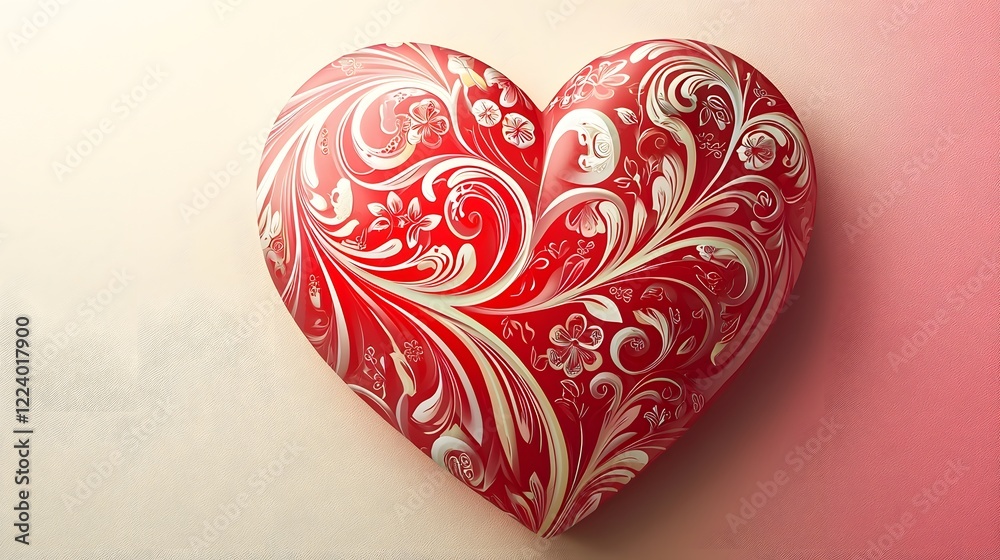 Fototapeta premium Beautifully detailed heart shaped with intricate floral and swirling patterns in bright red enhanced with gradients and shadows centered on a soft pastel pink and white background