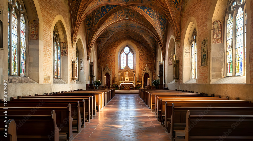 Fototapeta premium Sunlit Interior of Historic Church with Arched Ceilings and Wooden Pew Benches : Generative AI