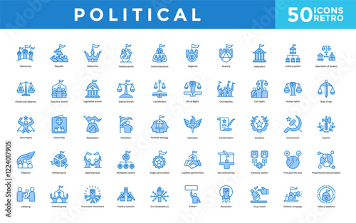 Political icon set with democracy, republic, monarchy, totalitarianism, authoritarianism, oligarchy, anarchy, federalism, unitary system, separation of powers icon. Simple retro vector 
