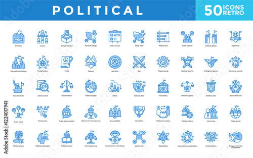 Political icon set with primaries, caucus, general election, electoral college, voter turnout, swing state, political poll, public opinion, political debate, diplomacy icon. Simple retro vector 
