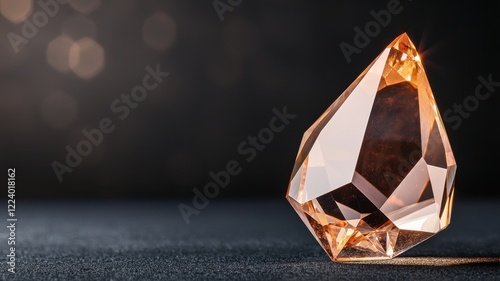 Geometry grid artistry concept. A sparkling amber gemstone glistens against a dark background, showcasing its facets and beauty.