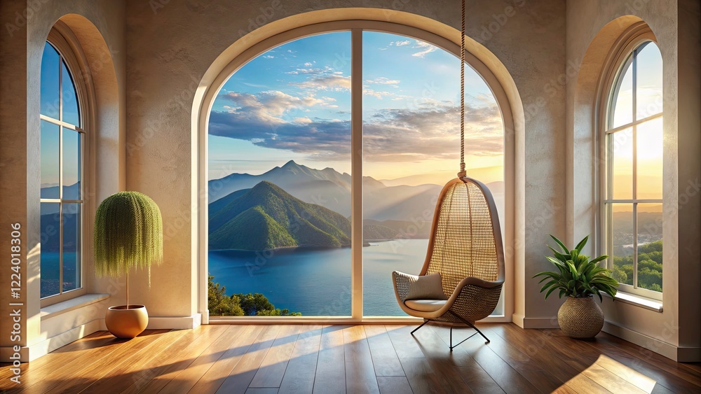 Fototapeta premium Minimalist Interior Design with Wicker Chair and Scenic Mountain-Sea View