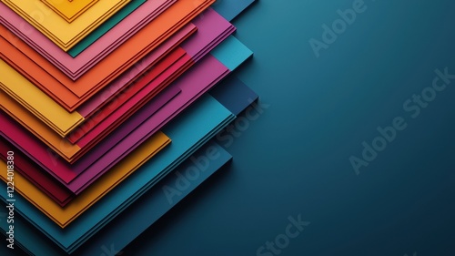 Geometry grid artistry concept. Colorful stacked paper sheets create a vibrant abstract background with a dark blue base, perfect for creative projects.