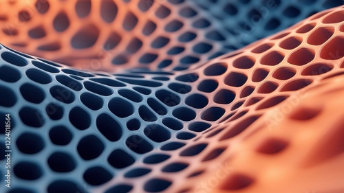 Geometry grid artistry concept. Abstract close-up of a textured surface featuring a honeycomb pattern with vibrant orange and blue tones.