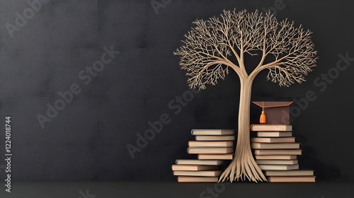Conceptual depicting a tree with books as its roots and a diploma as its fruit symbolizing the power of education to cultivate growth knowledge and achievement