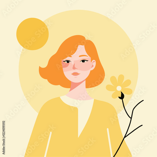 Minimalist Vector Illustration for Women's Day: A Woman Blossoming Under the Warmth of the Sun