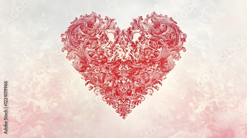 Elegant red heart with intricate swirling patterns and floral textures presented on a light pink and white gradient backdrop  This design creates a romantic and decorative composition