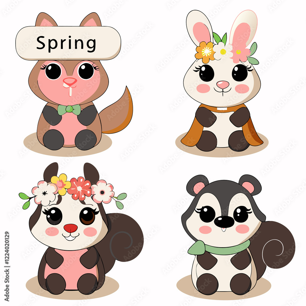 Cute spring animals fox, rabbit, squirrel.