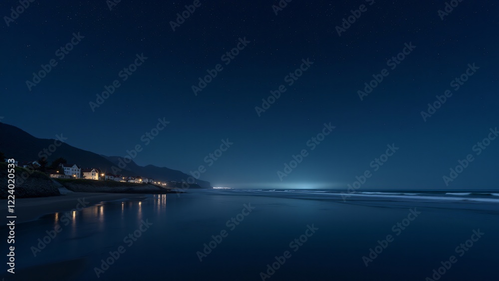 Fototapeta premium A panoramic view of a starry sky above a coastal village, with stars reflecting in the ocean below.