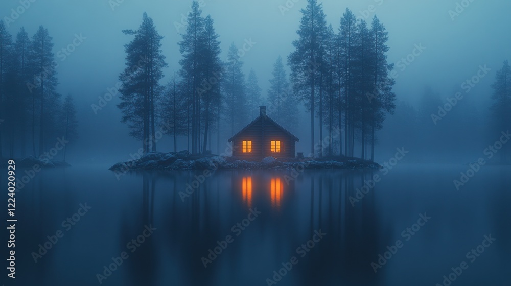 Fototapeta premium Foggy lake cabin, night, winter, reflection, solitude