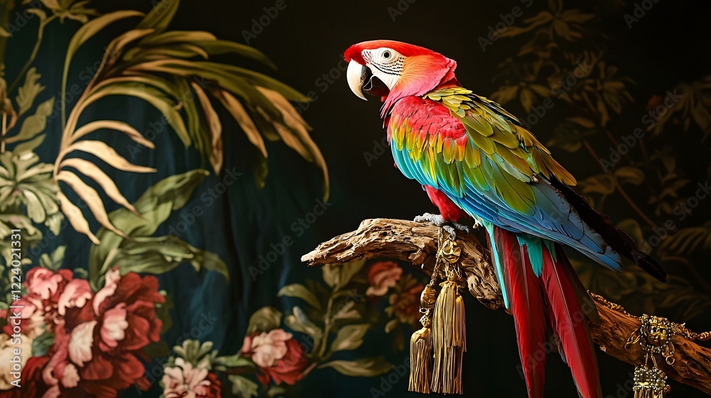 Obraz premium Magnificent parrot with vibrant red plumage and a miniature red cape perched on a branch adorned with intricate gold against a lush foliage backdrop