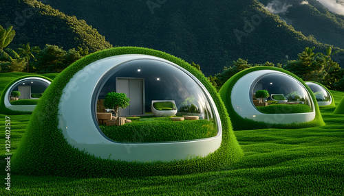 Futuristic eco-friendly homes nestled in lush greenery, featuring transparent domes that blend nature with modern living. photo