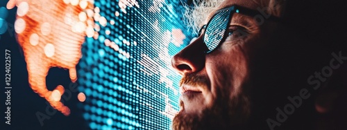 Close-Up Profile of Man Reflecting Digital World on Glasses, Modern Technology and Data Visualization Concept