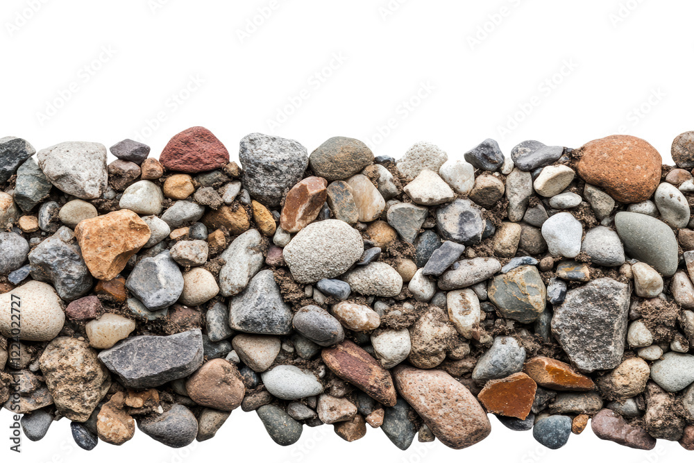 Naklejka premium A collection of various stones and pebbles on a white isolated background, showcasing unique colors and textures that create a natural aesthetic.