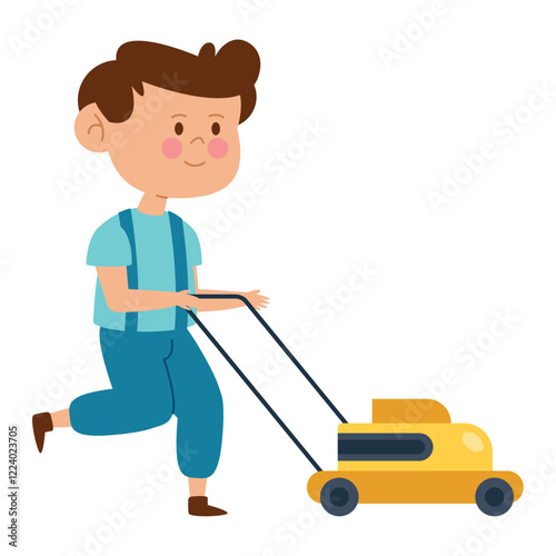 Boy Pushing Lawnmower Illustration