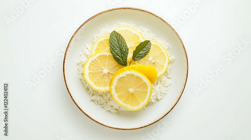 Rice with lemon slices and mint leaves on a white background