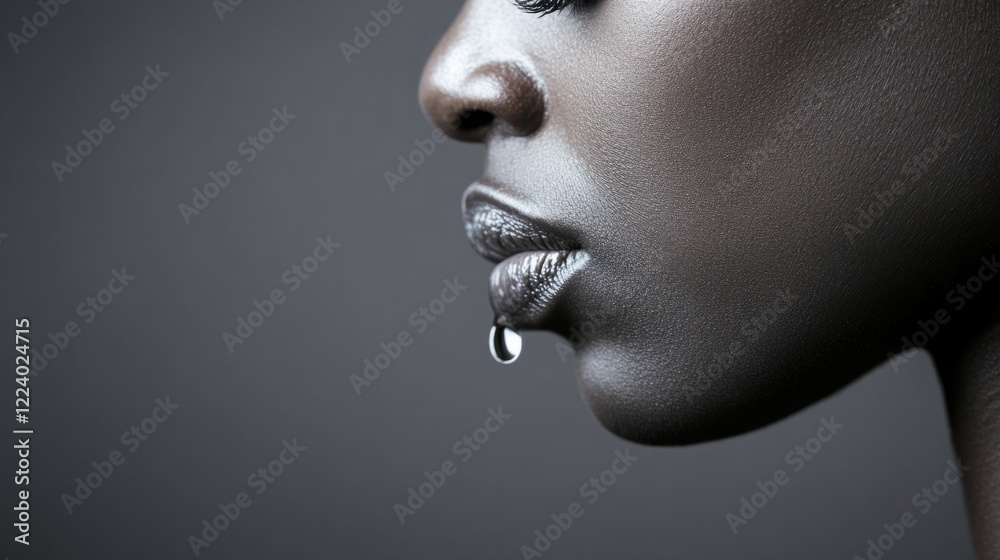 Close-Up of a Smooth Skin Model with a Water Droplet on the Lip in a Minimalistic Background Close-Up of a Smooth Skin Model with a Water Droplet on the Lip in a Minimalistic Background