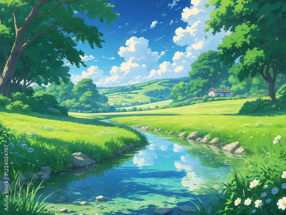 Peaceful countryside scene with a clear stream, lush green fields, and a cozy house under a vibrant blue sky. Peaceful countryside scene with a clear stream, lush green fields, and a cozy house under a vibrant blue sky.