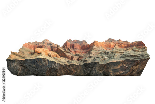 A stunning panoramic view of layered rock formations at sunset, showcasing vibrant colors and textures against a clear sky. photo