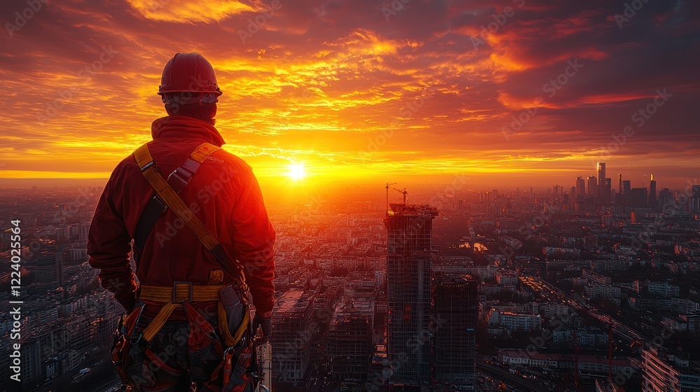 Fototapeta premium Construction Worker at Sunset Over Cityscape