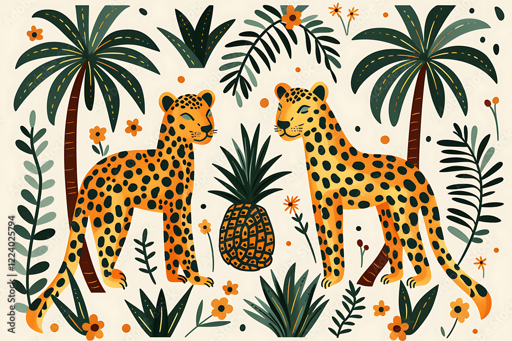 Obraz premium whimsical jungle embroidery, create an embroidery pattern of leopards, palm trees, and pineapples in green, orange, and yellow on a cream background, using simple lines and visible stitches for a
