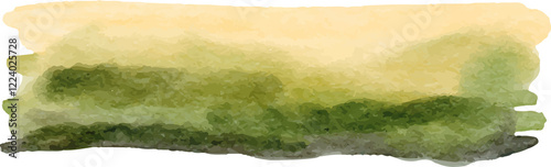 Watercolor Landscape Hills, Tree, Flowery Bush Illustration