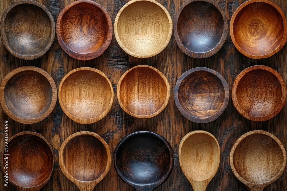 Rustic Wooden Cooking Utensils Arranged on Wooden Surface in Neat Array Rustic Wooden Cooking Utensils Arranged on Wooden Surface in Neat Array