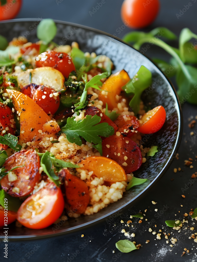 Vibrant Bowl of Fresh Couscous Salad with Cherry Tomatoes and Green Herb Garnish : Generative AI Vibrant Bowl of Fresh Couscous Salad with Cherry Tomatoes and Green Herb Garnish : Generative AI