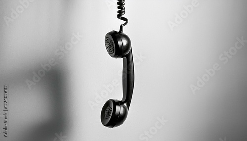 Black vintage telephone handset hanging against a plain white background.